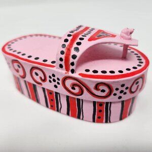 Vtg Hand Painted Pink Stripes Flip Flop Sandal 4" Mini Trinket Sewing Box w/ Lid